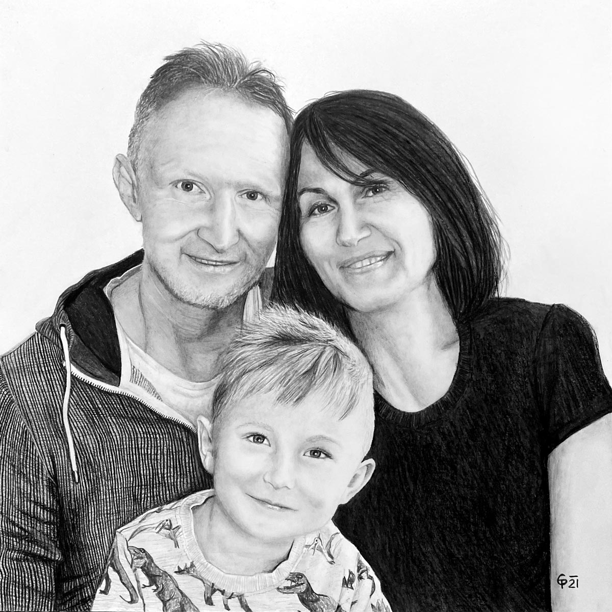 Portraitzeichnung vom Foto, Familienportrait zeichnen lassen - Bleistiftzeichnung von der Familie - CreatEVE Portraitzeichnungen