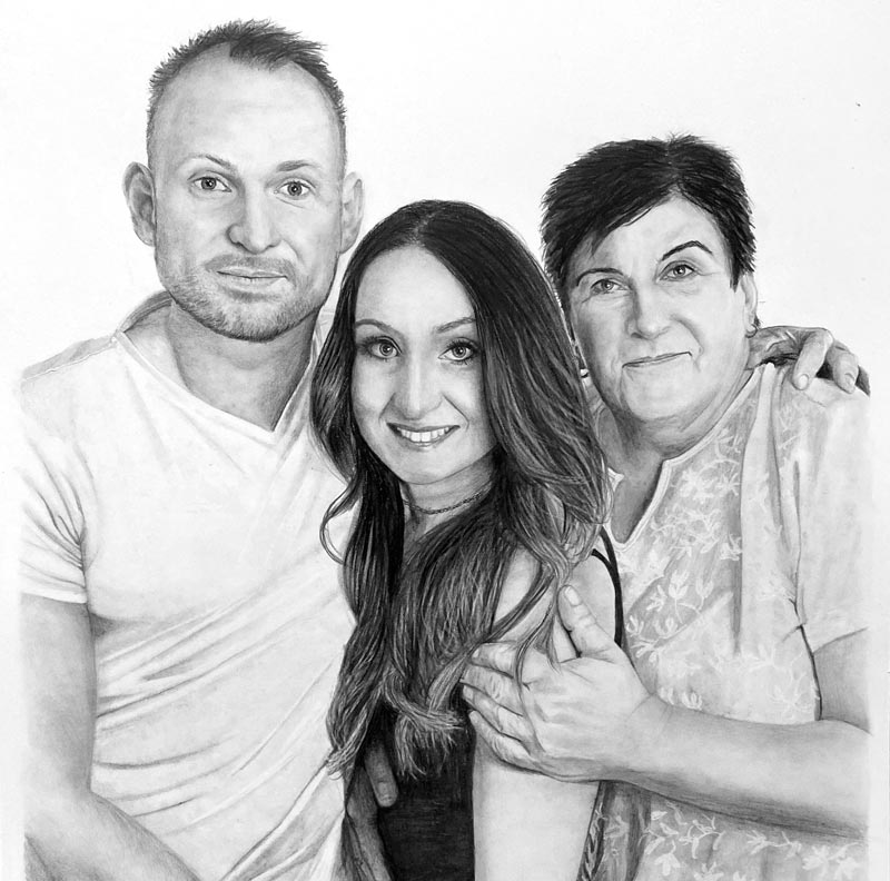 Familienportrait zeichnen lassen - Bleistiftzeichnung von der Familie - CreatEVE Portraitzeichnungen